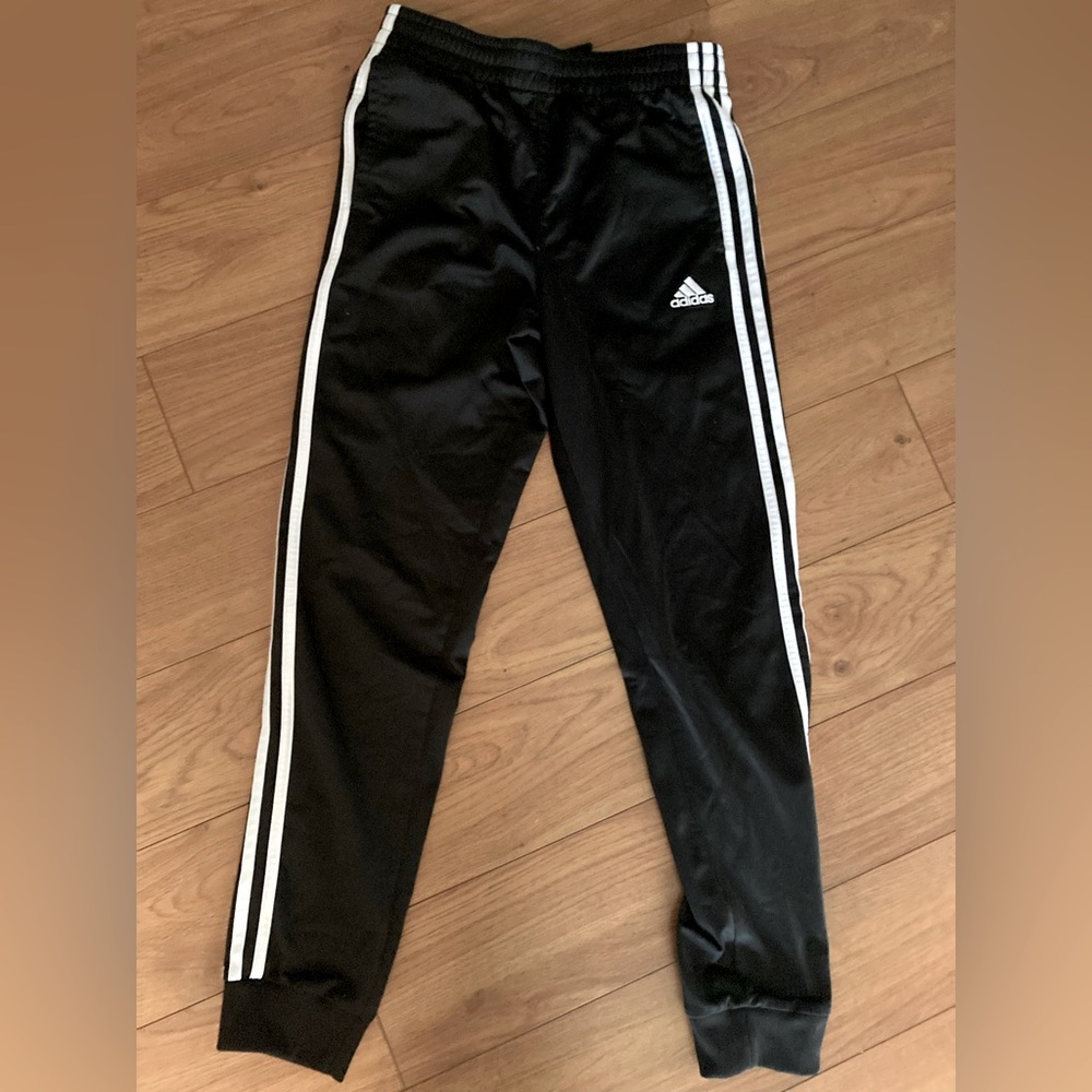 Adidas Boys Black Joggers with White Stripes - size Large
